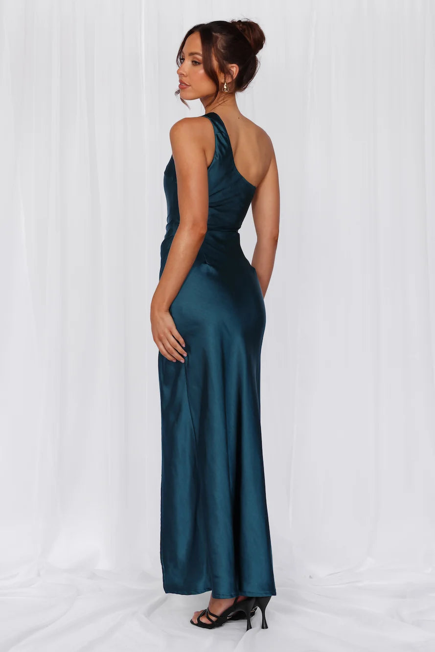 The Aurora One Shoulder Satin Maxi Dress Teal