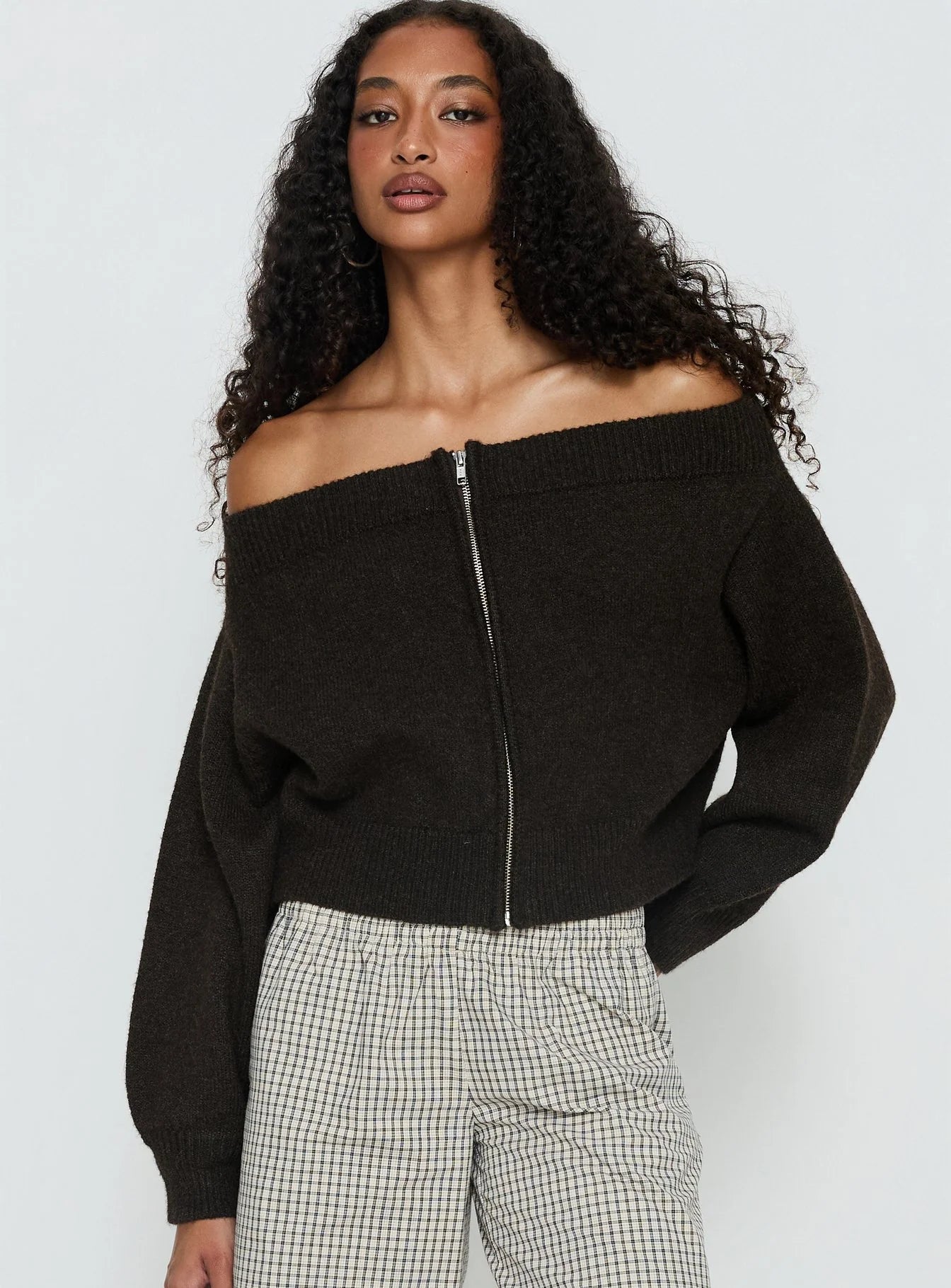 Ortensa Off Shoulder Zip Through Jumper Brown
