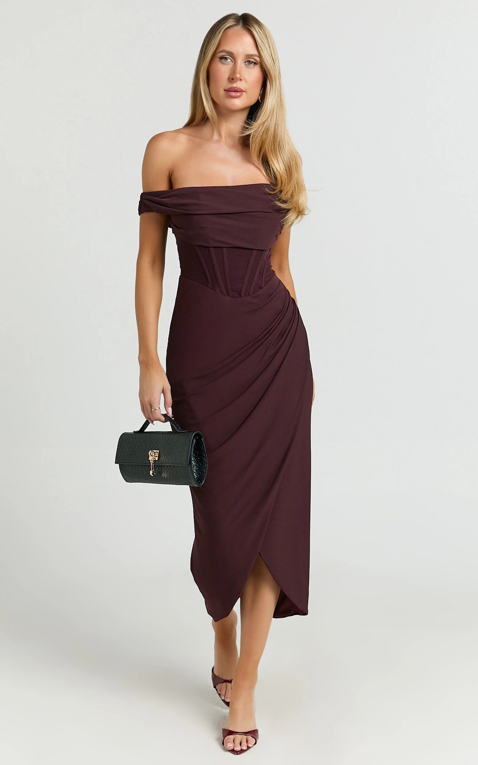 Off Shoulder Draped Corset Dress in Burgundy
