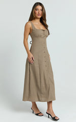 Button Front Tie Back Dress in Mocha