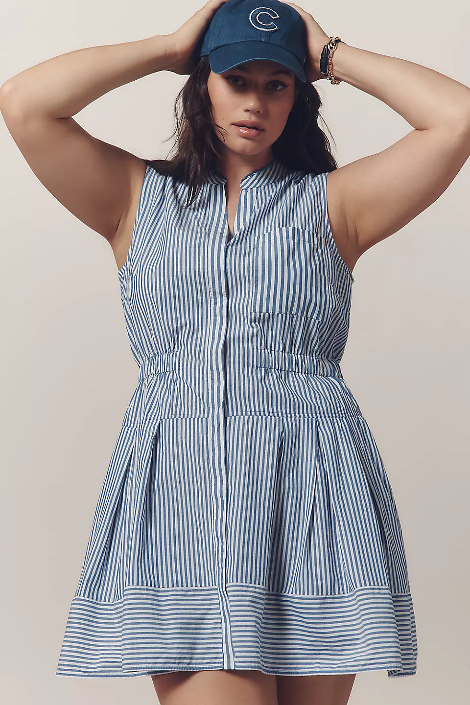Maeve Sleeveless V-Neck Shirtdress-Blue & White Stripe