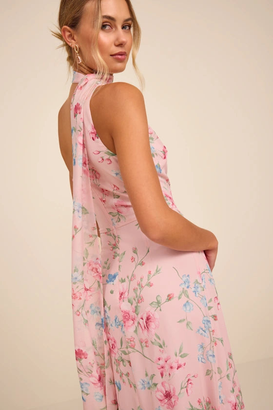 Adeline Light Pink Floral One-Shoulder Scarf Maxi Dress