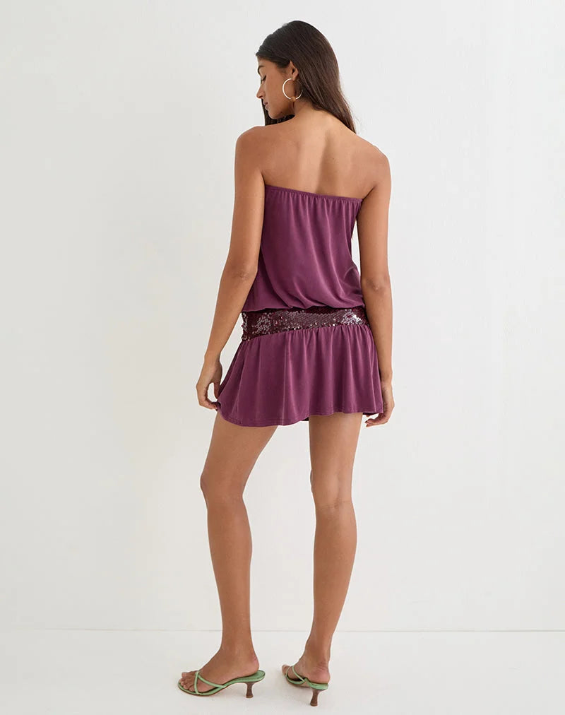 Ratana Bandeau Mini Dress in Cupro Deep Purple with Sequin Waistband